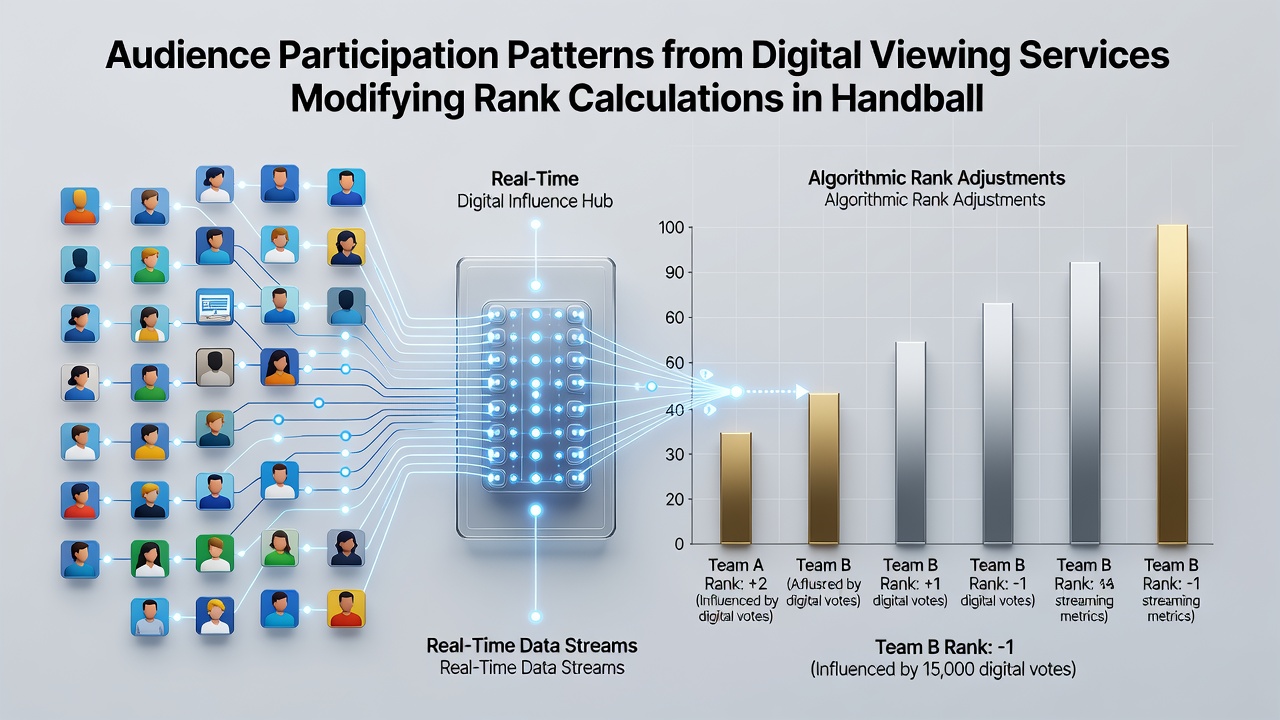 Track cycling velodrome with overlaid audience engagement graphs from streaming services feeding into updated rider rankings