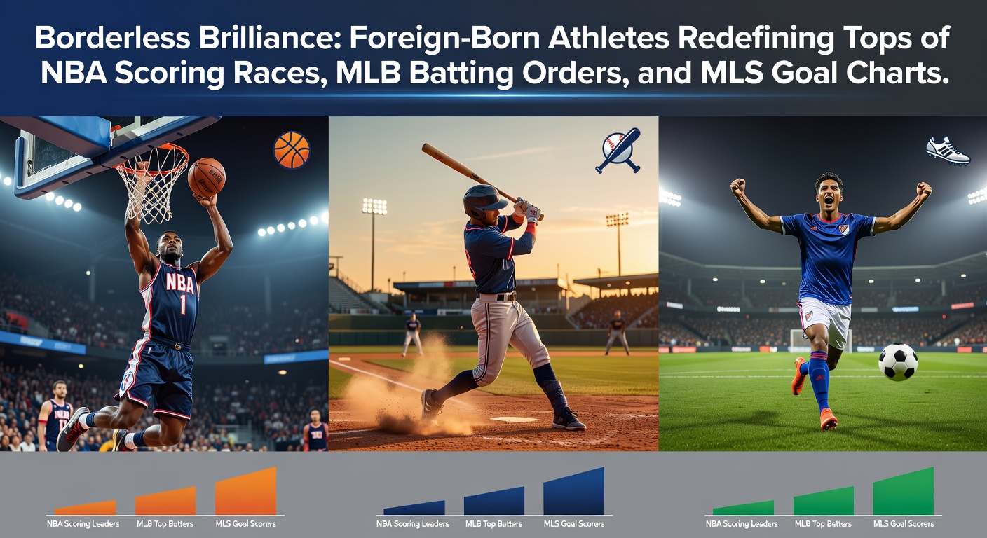 Collage of foreign-born stars like Luka Doncic, Shohei Ohtani, and Lionel Messi dominating their leagues' leaderboards