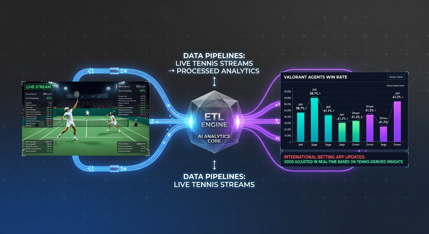 Data pipeline visualization showing connections between tennis match streams and esports analytics