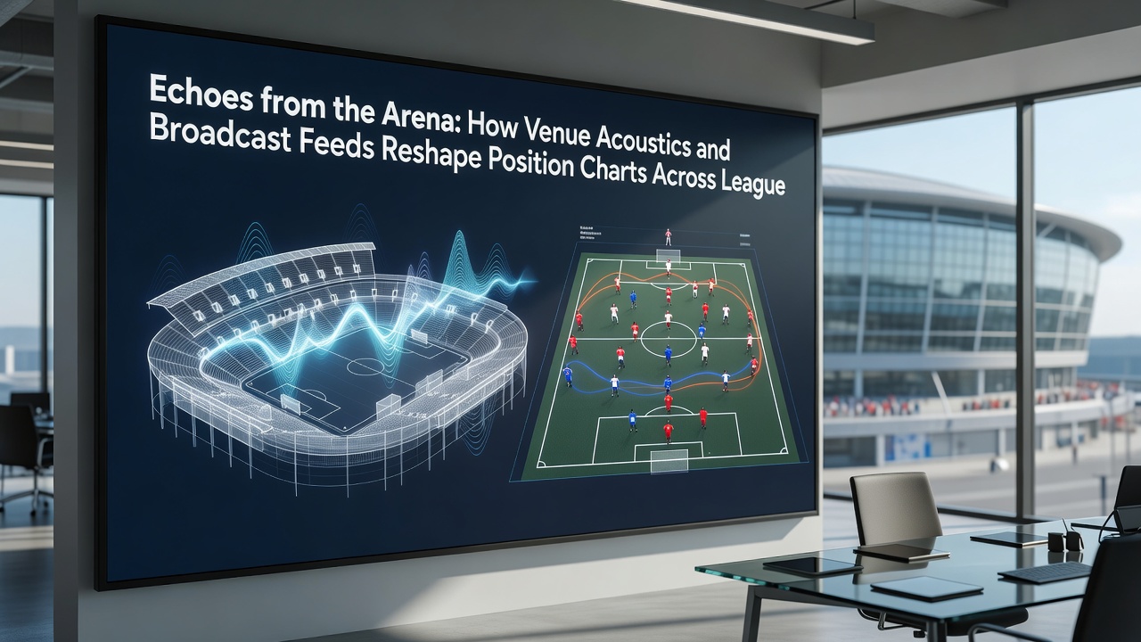 Esports arena with directional speakers and live stream mixing board displaying agent win-rate overlays
