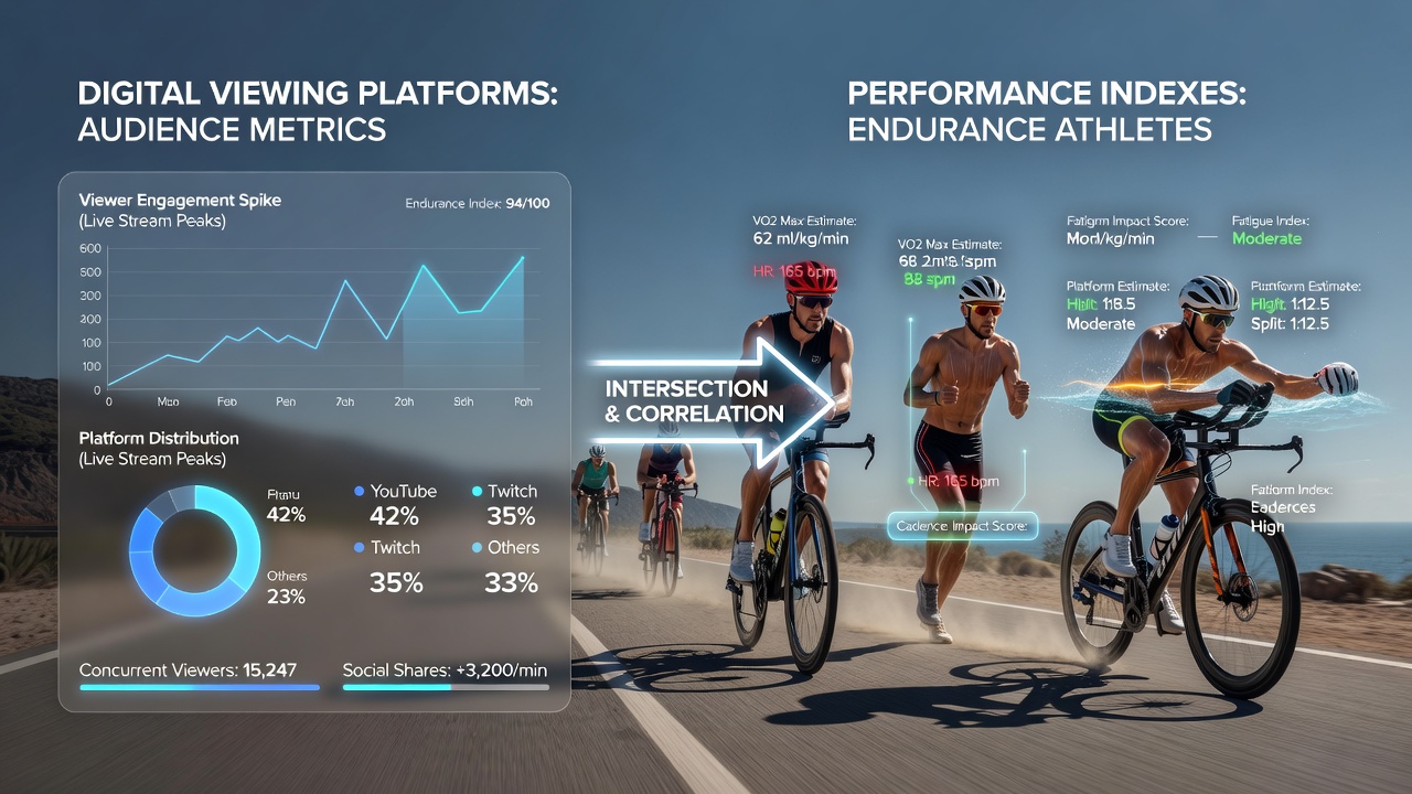 Split-screen view of professional team analytics merged with virtual arena performance charts and audience retention graphs