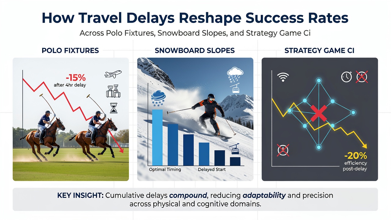 Competitors reviewing performance data after travel disruptions at international snowboarding and strategy game events