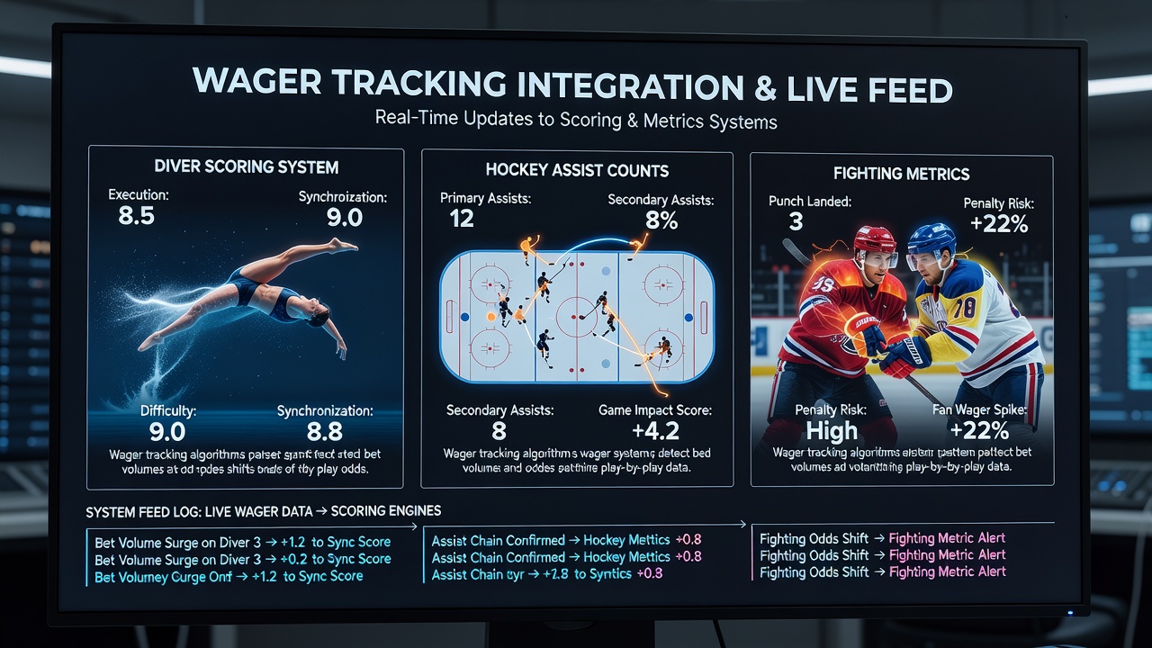 Real-time dashboard displaying wager data streams updating hockey assist logs and fighting game bracket positions