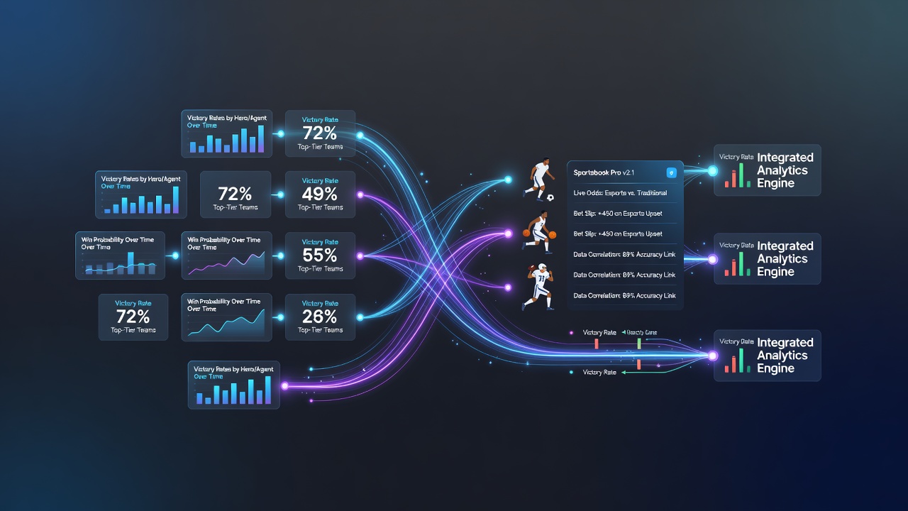 Data visualization showing esports victory rates linked to traditional sports team positions through sportsbook interfaces