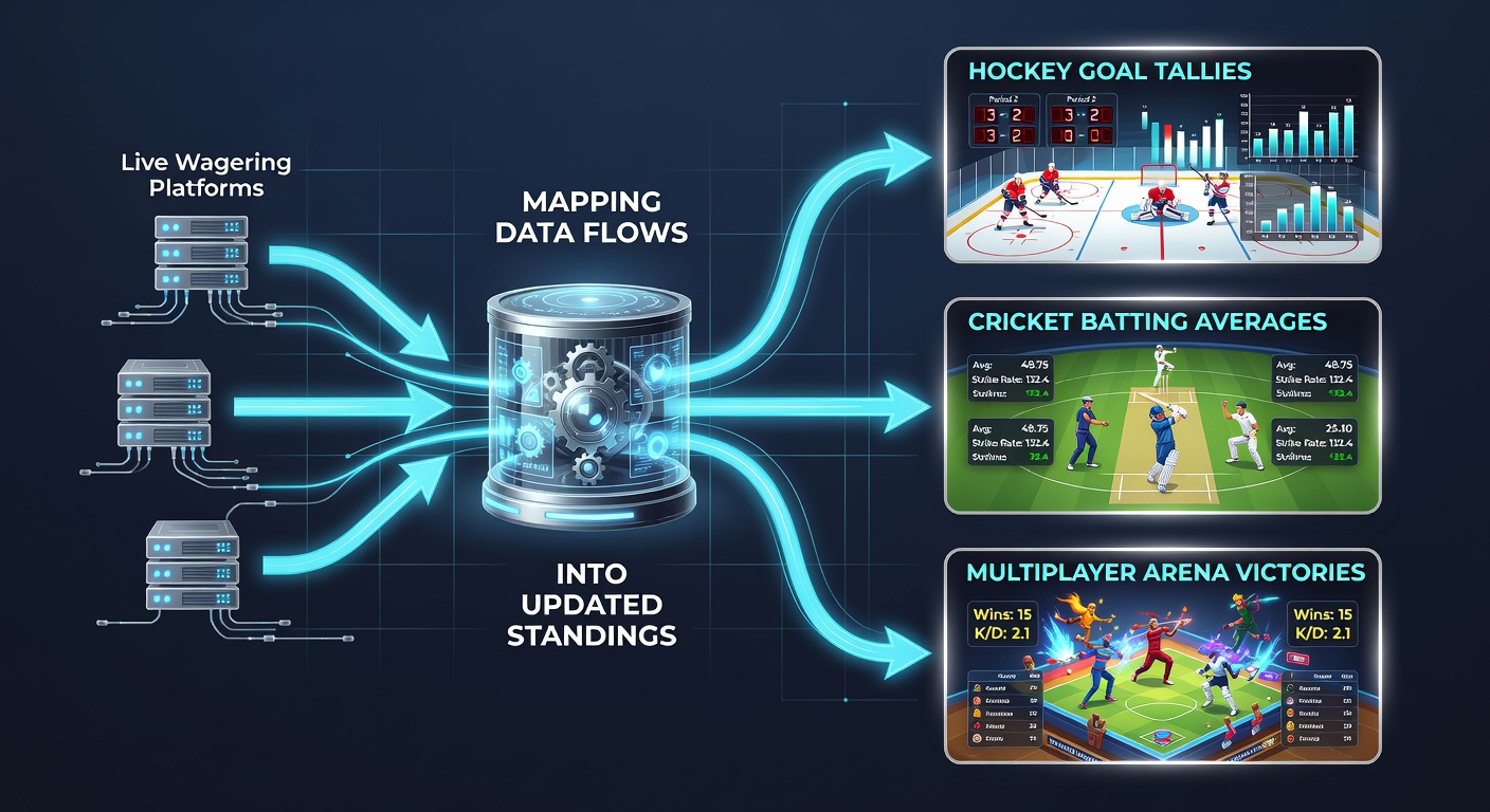 Data integration diagram showing live wagering feeds connecting to hockey goal tallies, cricket batting averages, and esports victory standings