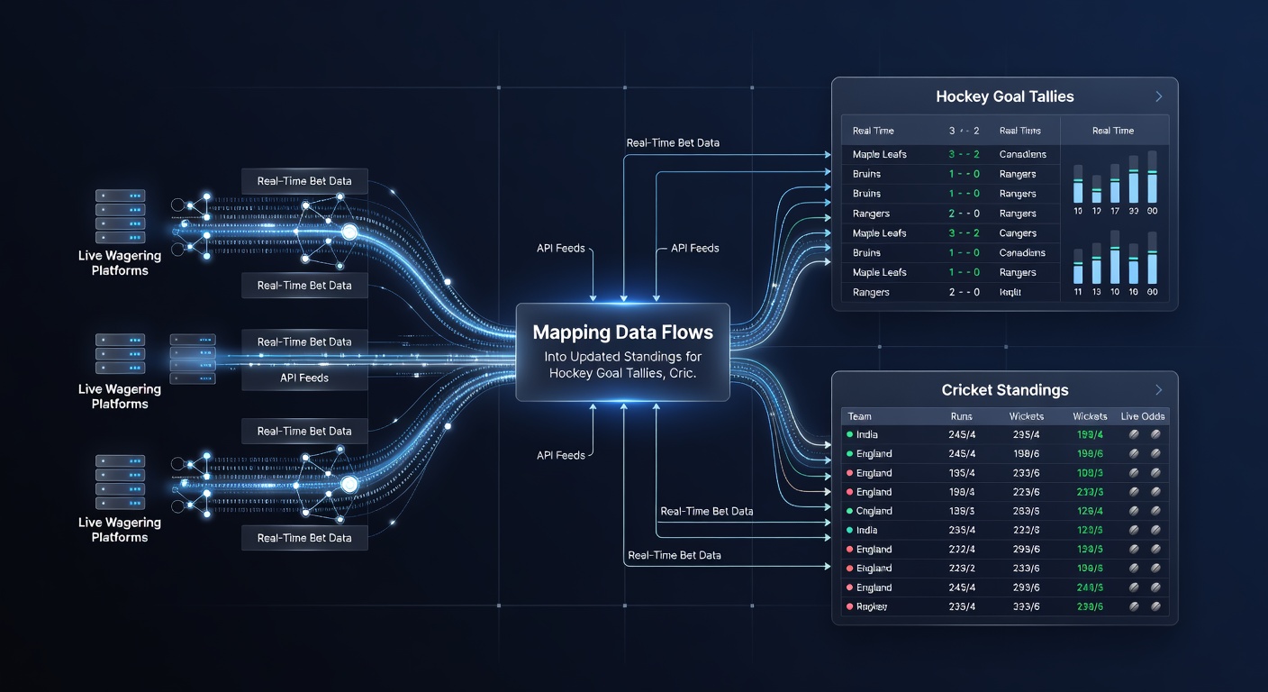 Live data pipeline visualization linking wagering activity to updated hockey, cricket, and arena competition rankings