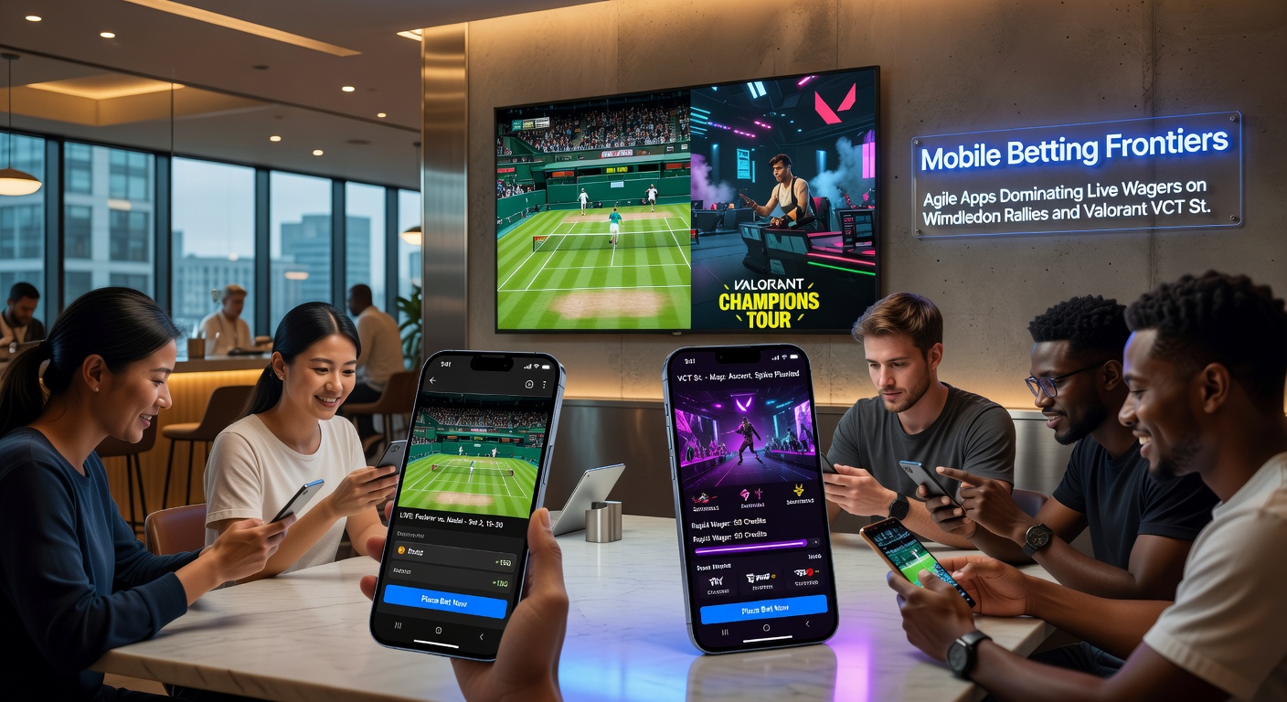Esports arena scene with Valorant VCT players competing on stage, overlaid with mobile app live betting interface showing round odds