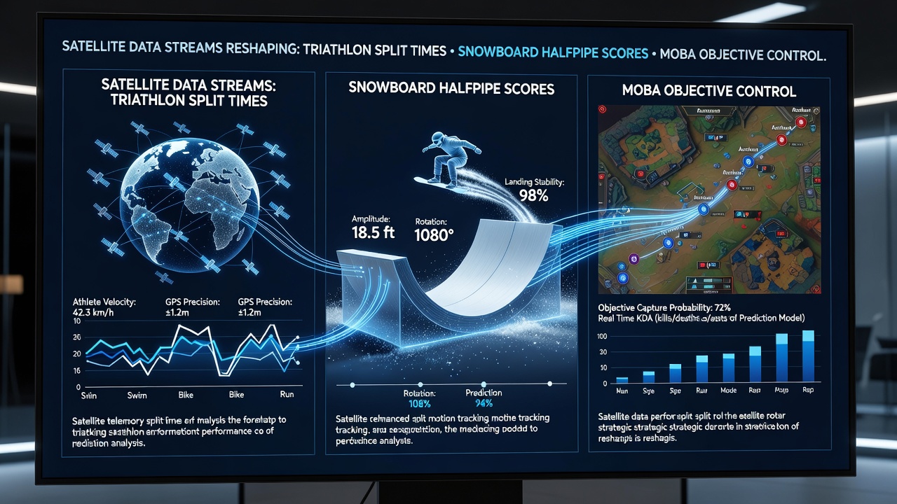 Split-screen comparison of satellite-tracked snowboard trajectories and MOBA objective capture heatmaps with timing overlays
