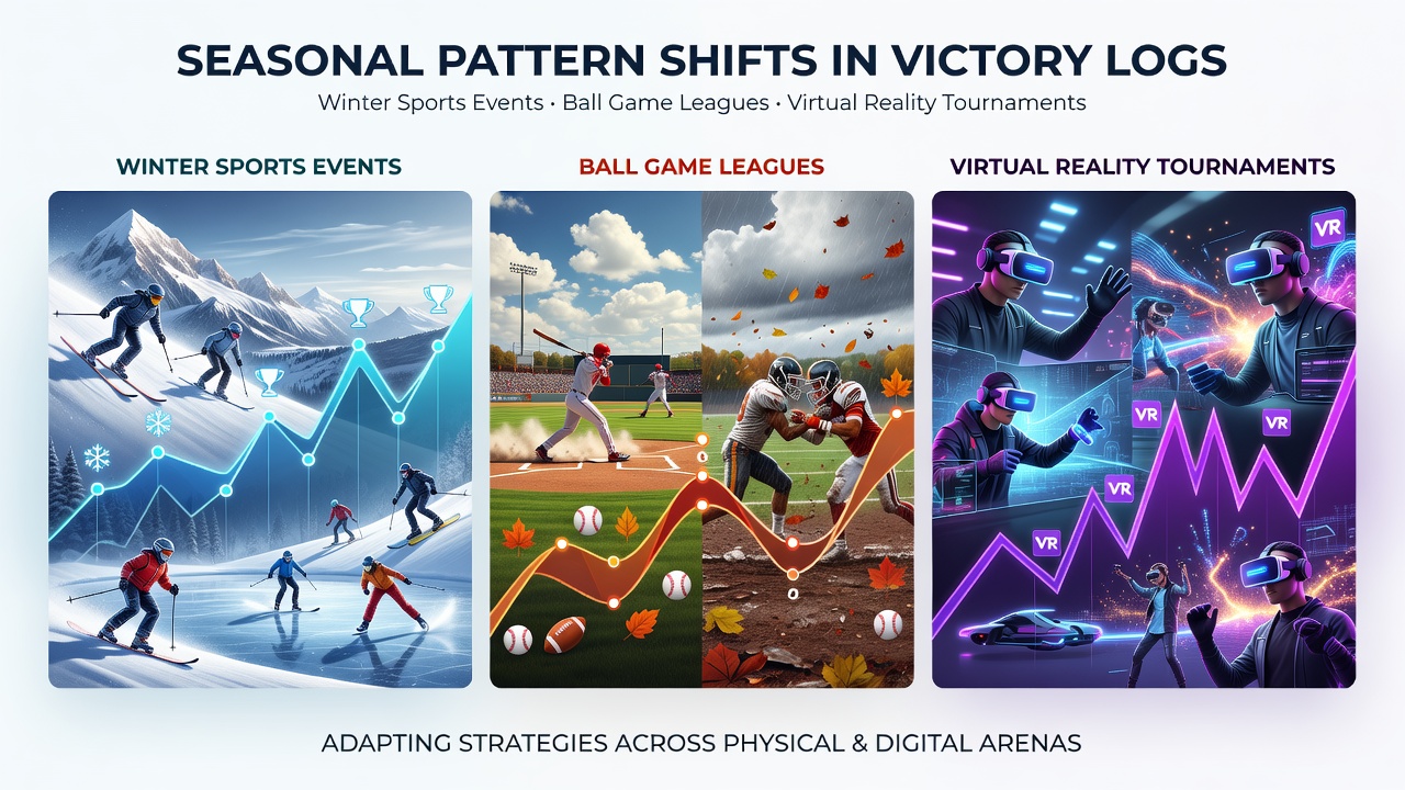 Graphs displaying seasonal victory trends across winter sports, ball leagues, and VR competitions