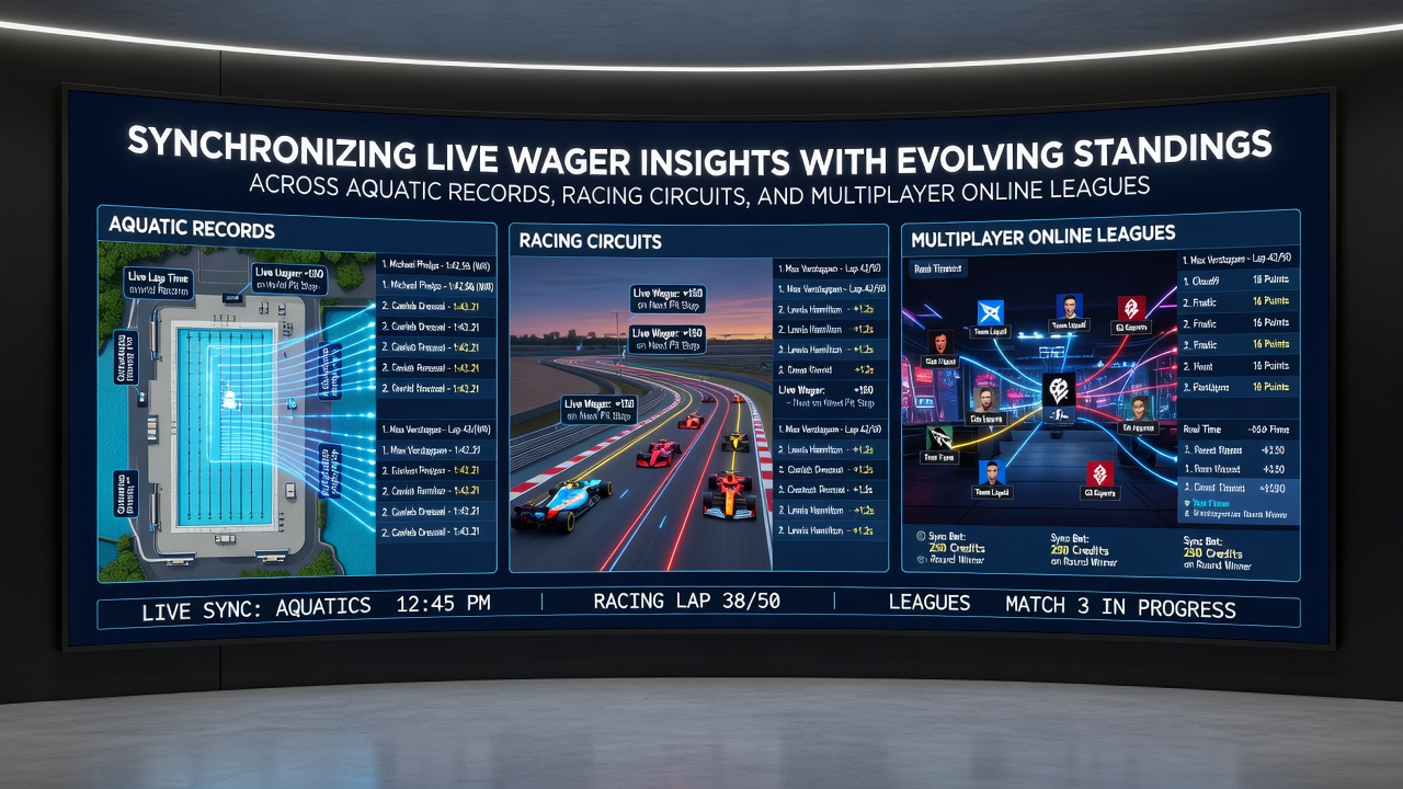 Data synchronization dashboard showing live wager insights integrated with aquatic records and standings updates