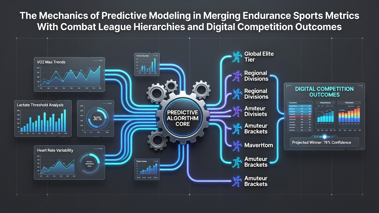 Predictive modeling dashboard displaying endurance metrics, combat league standings, and digital competition outcomes side by side