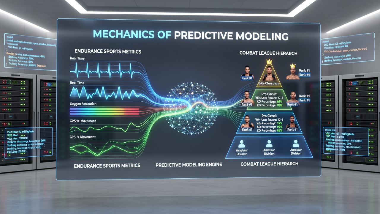Visualization of algorithm layers merging endurance, combat, and esports data streams into unified rankings
