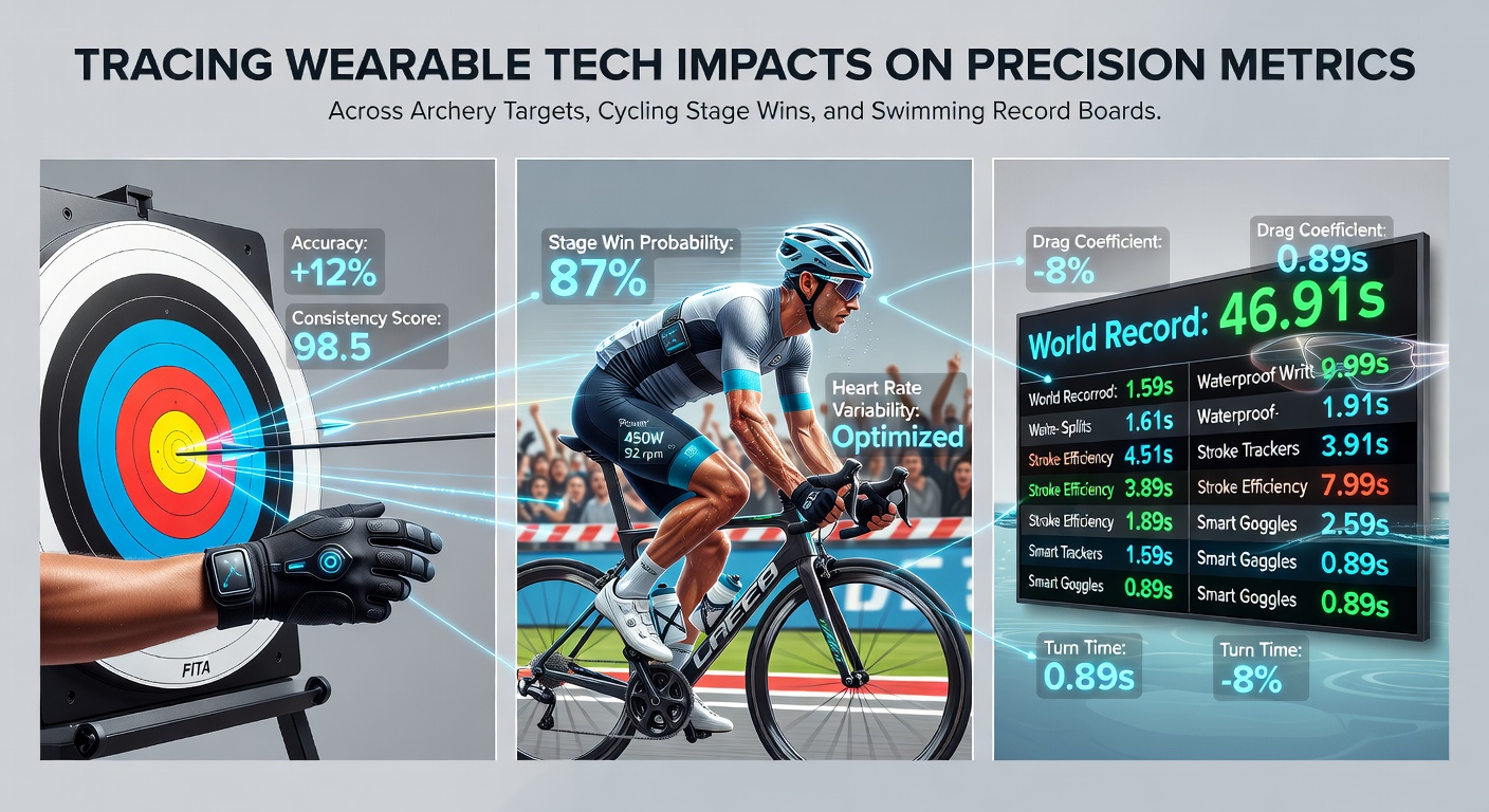 Athletes using wearable sensors during training sessions in archery, cycling, and swimming environments