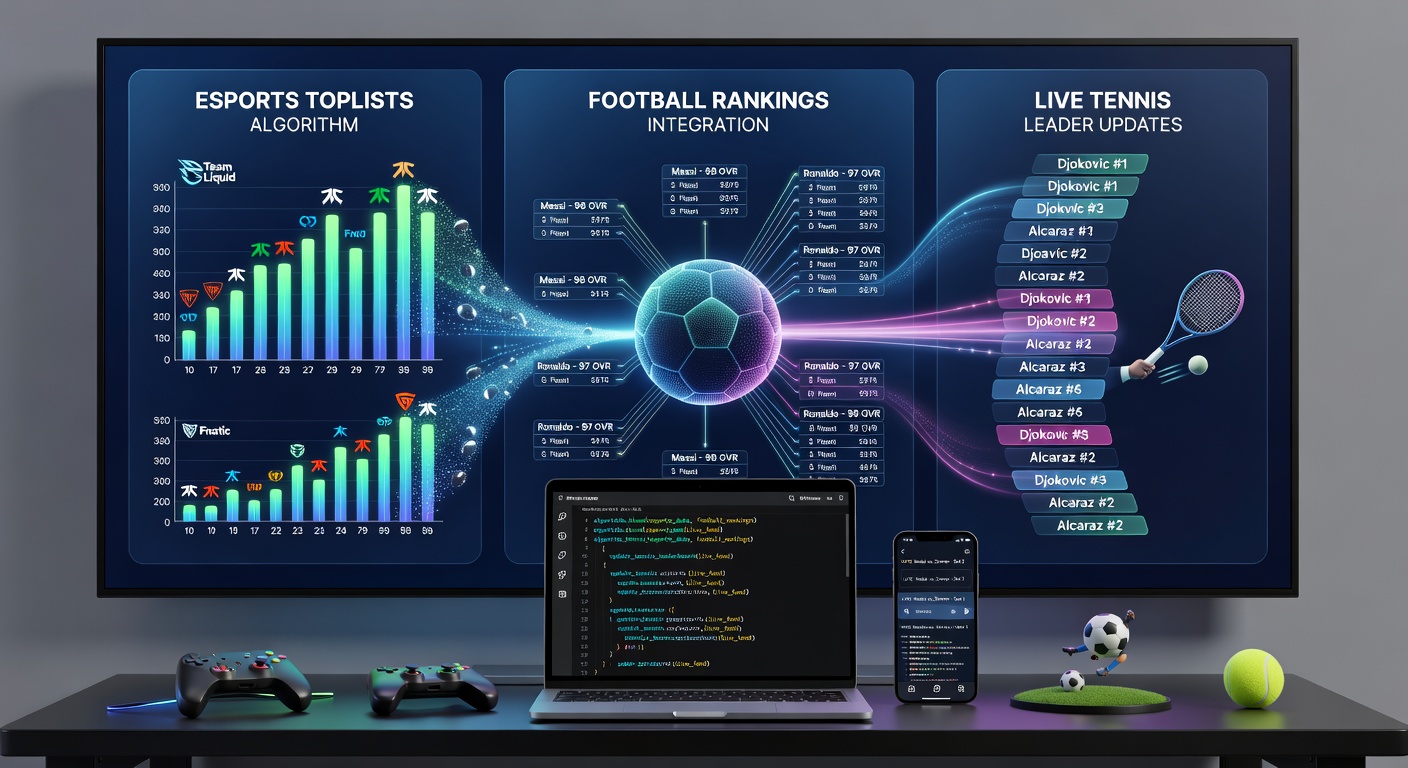Mobile app interface showing integrated esports, football, and tennis rankings on a single leaderboard screen
