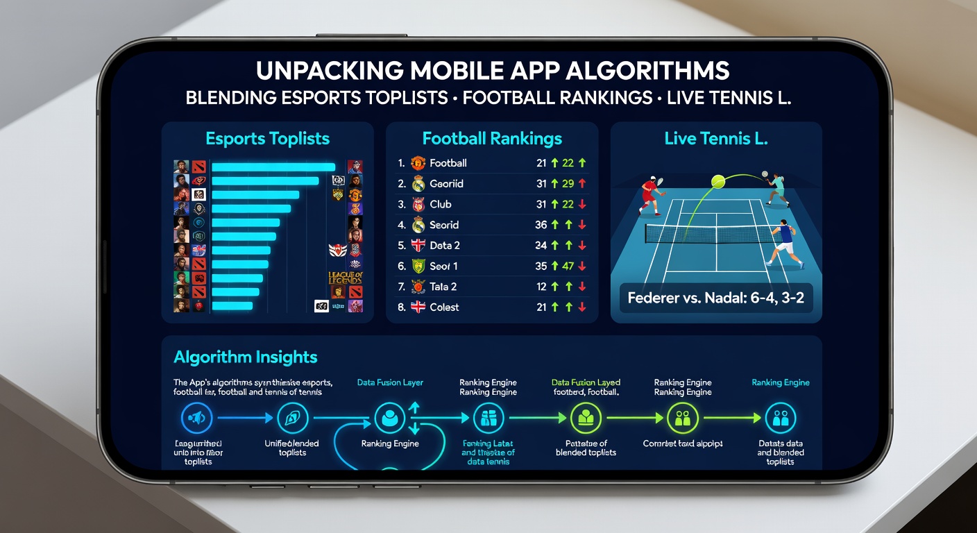 Developers reviewing algorithm outputs that combine esports stats with football and tennis rankings in a control room setting